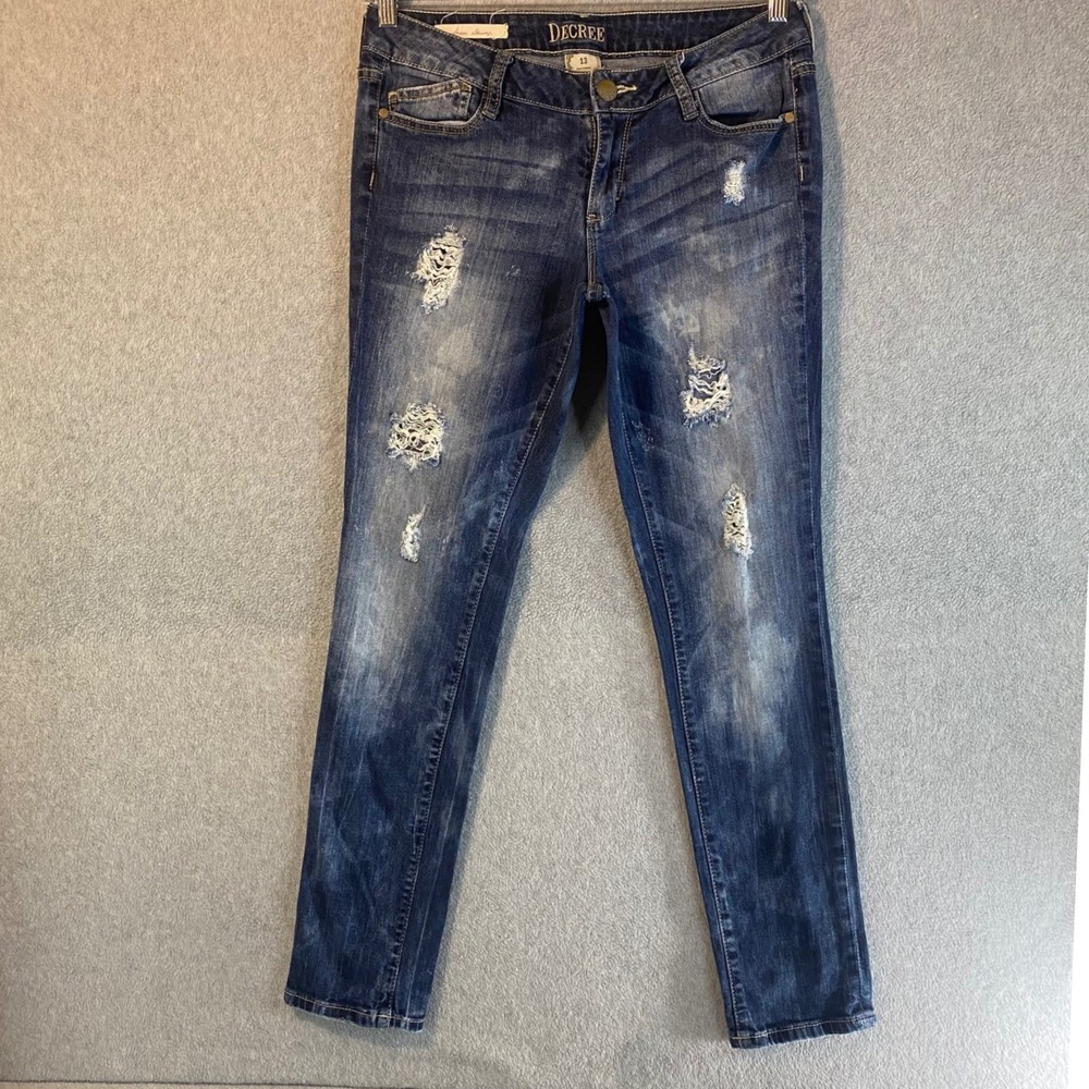 Decree Super Skinny Women Size 13 Blue Distressed Ripped‎ Edgy Grunge Denim FLAW